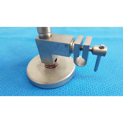 Silver metallic surgical snake flexarm with circular base and adjustable clamp for endoscope holder in or procedures lot of 2