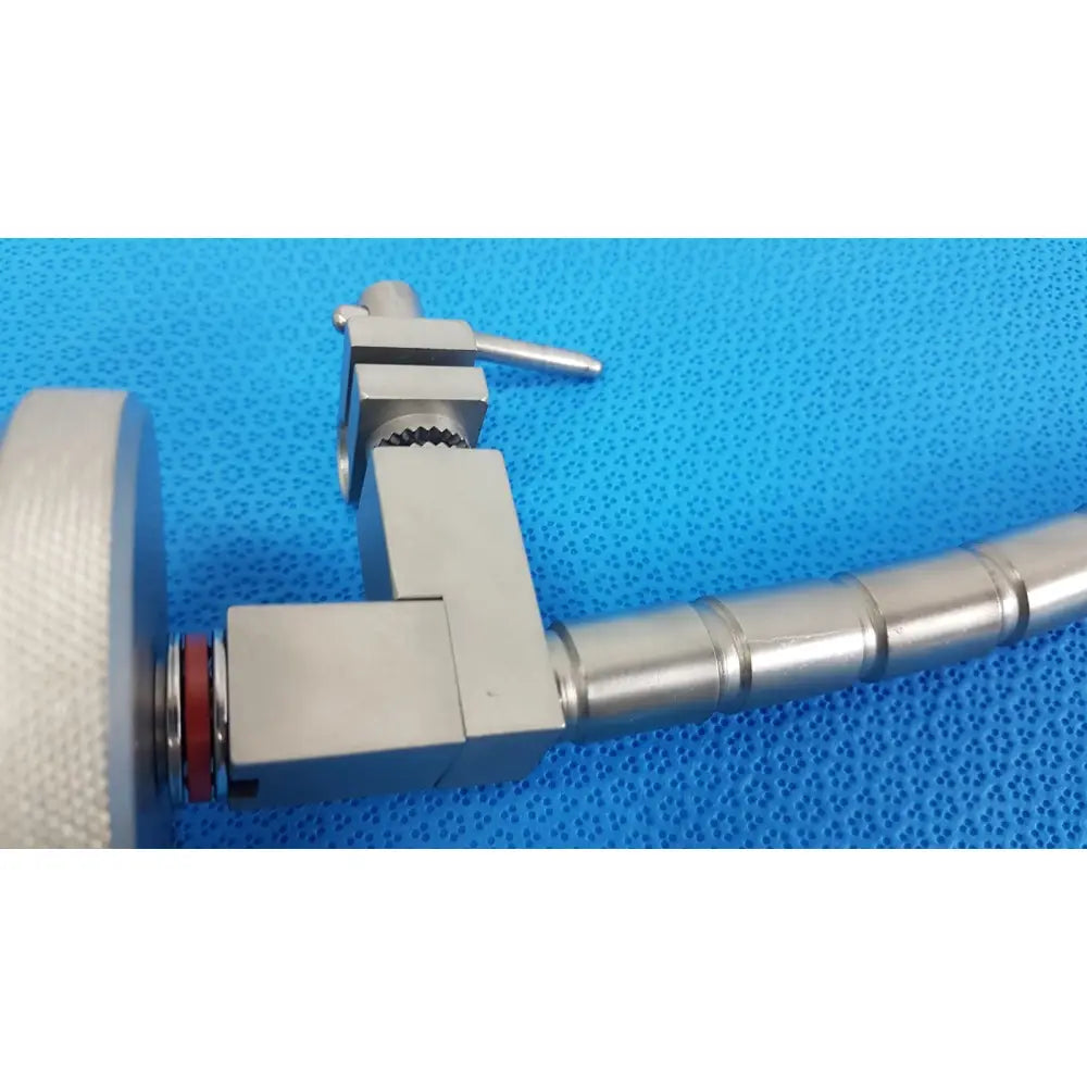 Silver metallic surgical snake flexarm with threaded joint and adjustable clamp for endoscope holder in operating room
