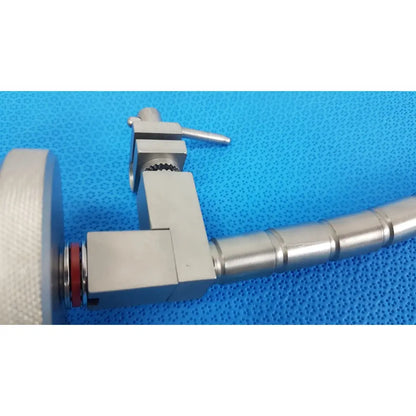 Silver metallic surgical snake flexarm with threaded joint and adjustable clamp for endoscope holder in operating room