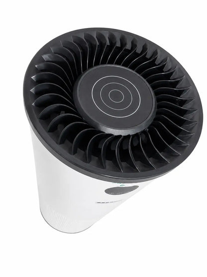 Surgically clean air sca5000c air purifier in black and white with cylindrical design and circular fan grille on top