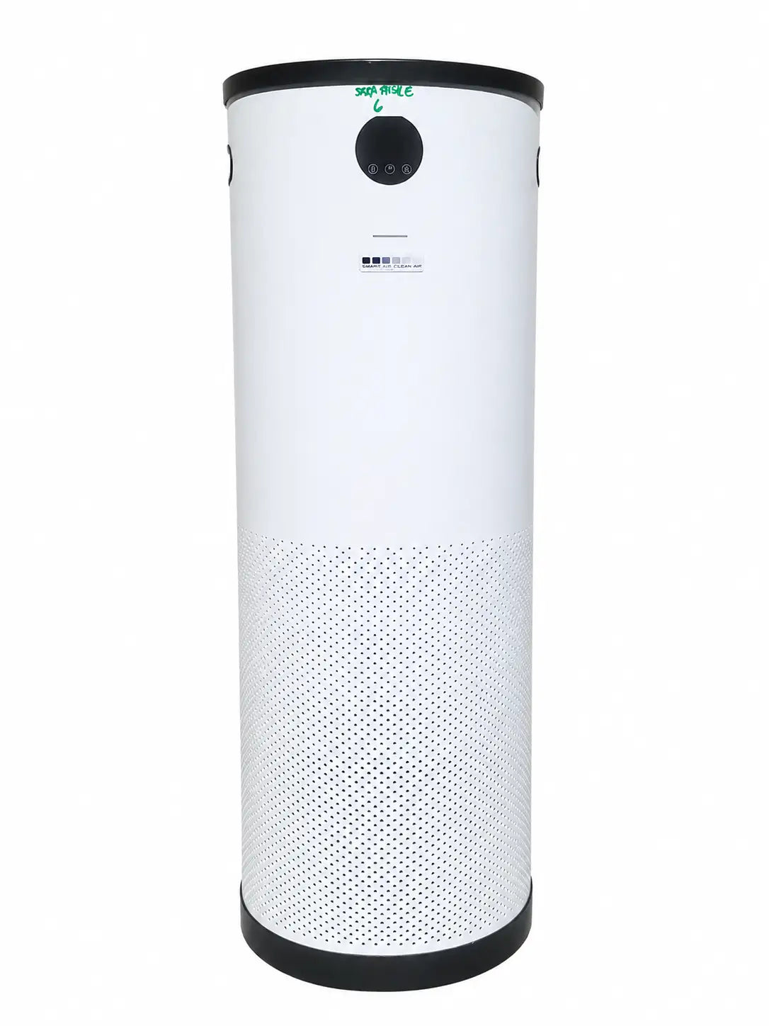 White cylindrical sca5000c air purifier with black accents and perforated lower section by surgically clean air