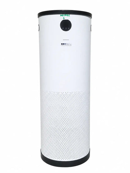White cylindrical sca5000c air purifier with black accents and perforated lower section by surgically clean air