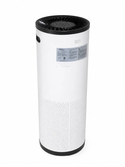 Surgically Clean Air SCA5000C air purifier is a white cylindrical device with black top and perforated mesh base