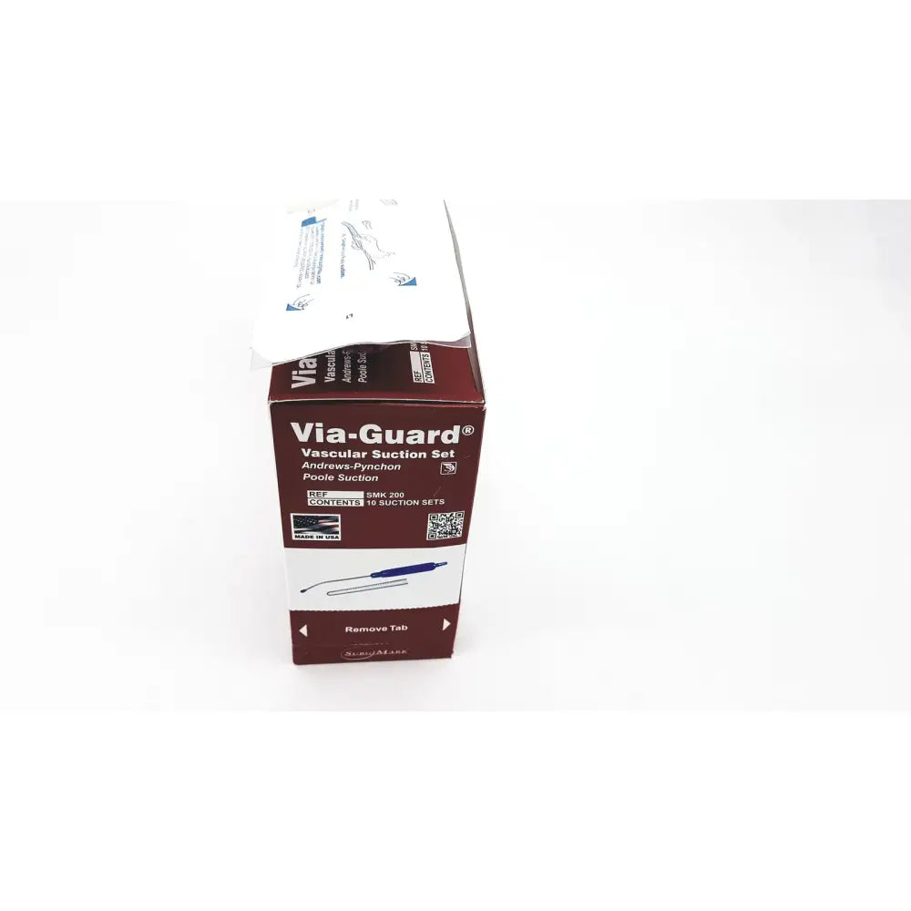 Maroon and white cardboard box of surgimark via-guard suction set smk with blue and silver medical tools on front