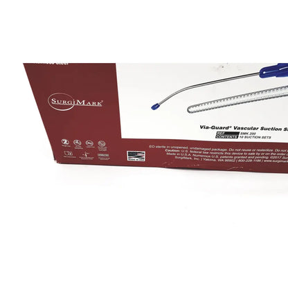 Blue-handled surgimark via-guard suction set smk in red packaging for vascular use with 10 suction units per box