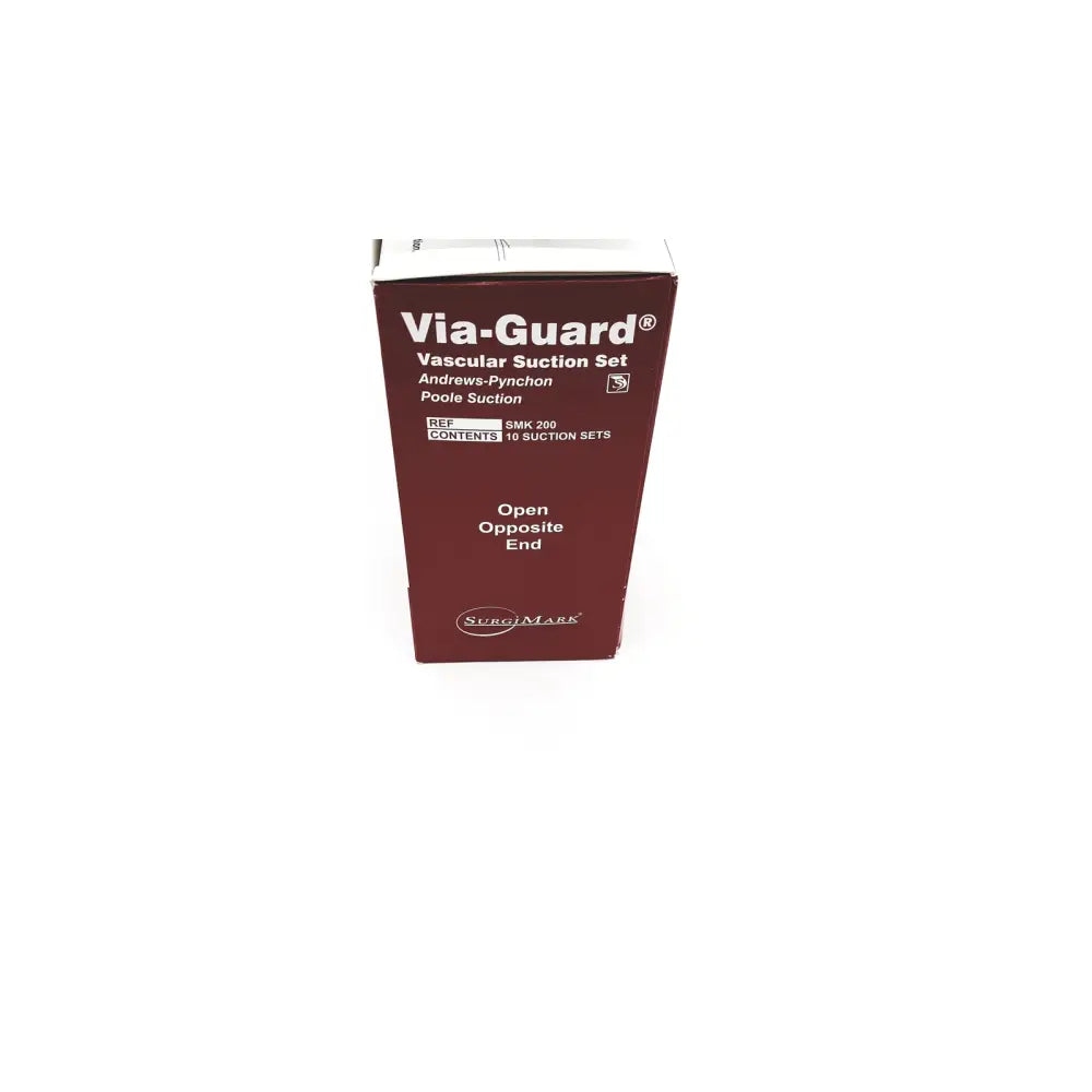 Maroon cardboard box for surgimark via-guard vascular suction set smk containing 200 pieces with 10 suction per box