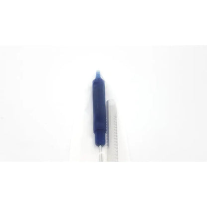 Blue plastic ballpoint pen with metallic silver tip and clip shown alongside SurgiMark via-guard suction set smk box