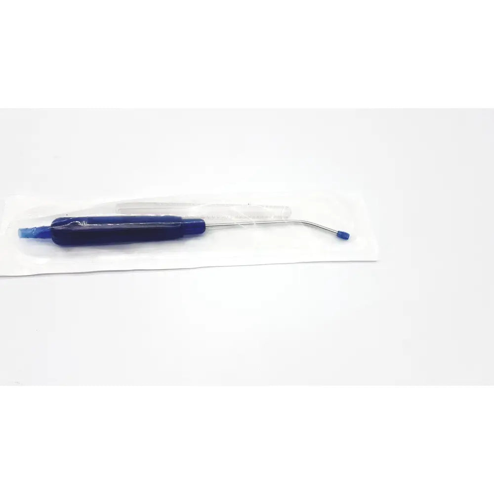 Blue plastic and metal medical suction catheter in sterile packaging from the surgimark via-guard suction set smk box