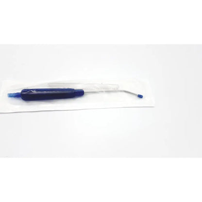 Blue plastic and metal medical suction catheter in sterile packaging from the surgimark via-guard suction set smk box