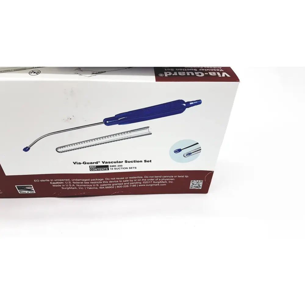 Surgimark via-guard suction set smk with blue plastic handle curved metal shaft and transparent suction tube in white box