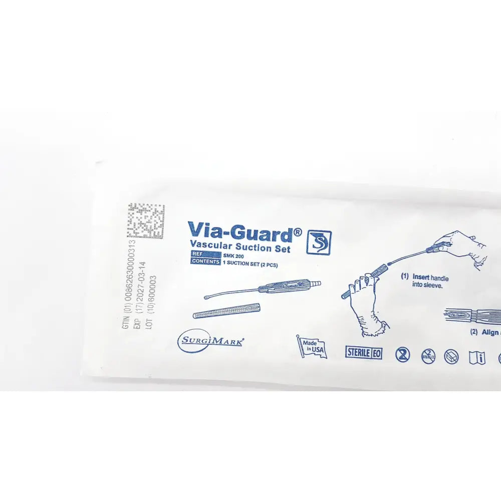 Surgimark via-guard suction set smk in sterile white package with blue branding and diagrams 200 pieces per box