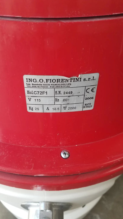Red cylindrical wet dry vacuum fan with white base and metallic parts featuring engraved c72f1 model label