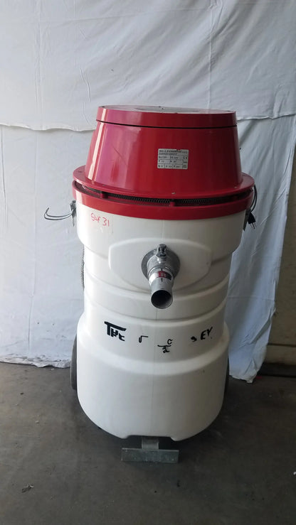 Surtec system c72f1 red and white wet dry vacuum cleaner with cylindrical body metal hose attachment and wheels for mobility