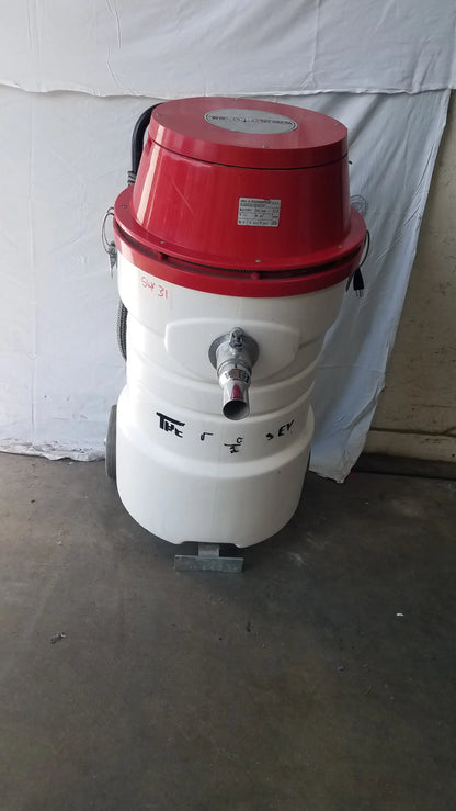 Surtec system c72f1 red and white wet dry vacuum cleaner with cylindrical body metal hose and wheels for mobility
