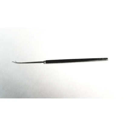 A sleek black-handled symmetry 38-1028 dermal skin sharp surgical instrument with sharp stainless steel shaft