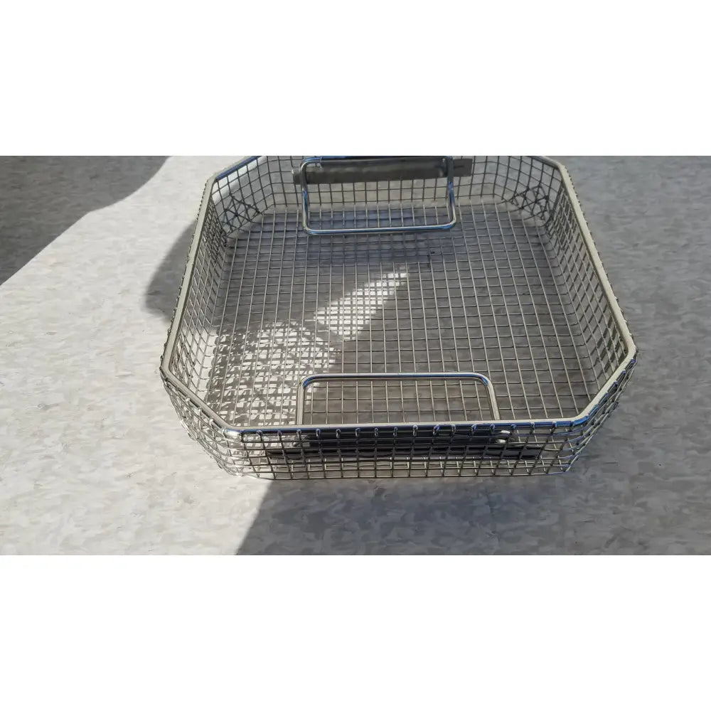 Silver metal wire mesh basket with two rectangular handles for symmetry medical flashpak 9020 sterilization container system
