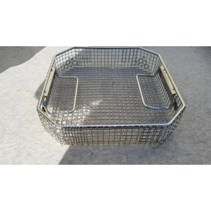 Silver wire mesh basket with reinforced metal handles and rectangular frame for symmetry medical flashpak system