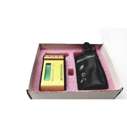 Yellow digital thermometer with green display and black buttons branded digitrapper mini by pierce medical synectics digitrapper 4mb