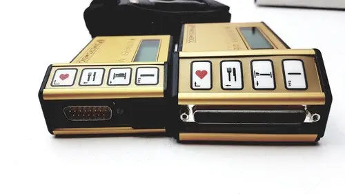 Gold and black handheld synectics digitrapper 4mb device with card icon buttons and serial port for data capture