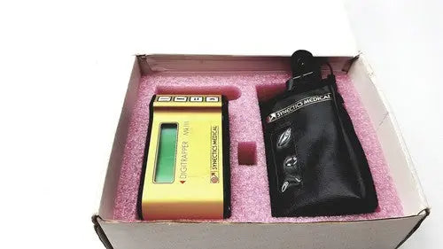 Yellow digital thermometer with green display and black buttons branded digitrapper mini by pierce medical synectics digitrapper 4mb