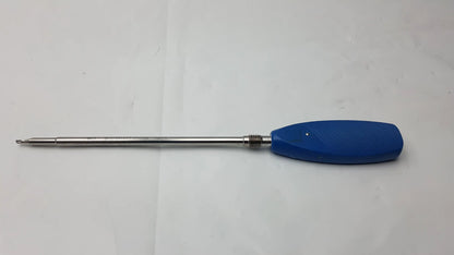 Blue ergonomic handle inter lock screwdriver with metallic shaft and engraved markings by Synthes swiss inter lock