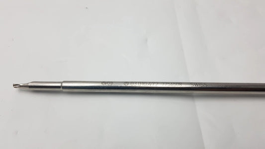 A sleek metallic swiss inter lock screwdriver bit with precision tip and engraved markings on the shaft