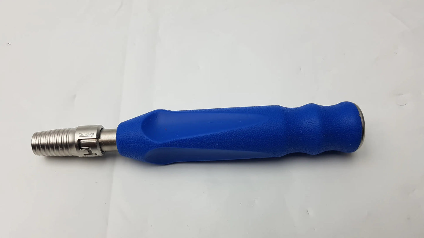 Blue ergonomic Synthes 9916529 orthopedic screwdriver handle with metallic threaded tip for surgical instrument use