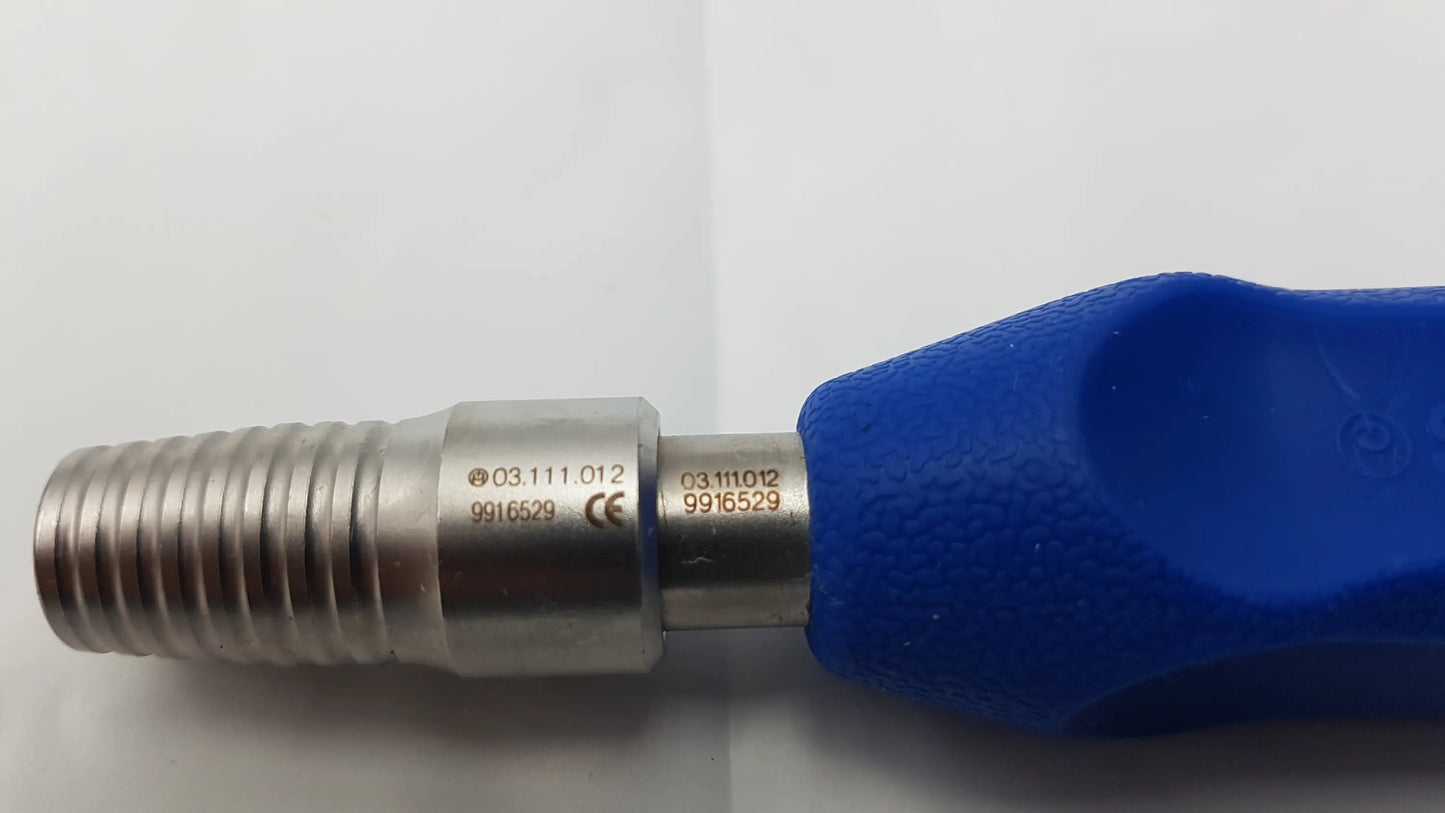 Blue-handled metal synthes 9916529 orthopedic screwdriver handle with threaded end and engraved markings surgical instrument