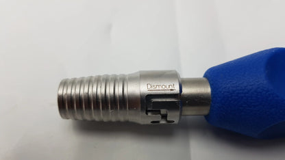 Blue-handled metallic threaded orthopedic screwdriver handle with dismount engraving for surgical instrument use