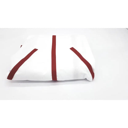 White fabric romedic high back sling with bold red diagonal stripes designed for reuse medical lifting slings