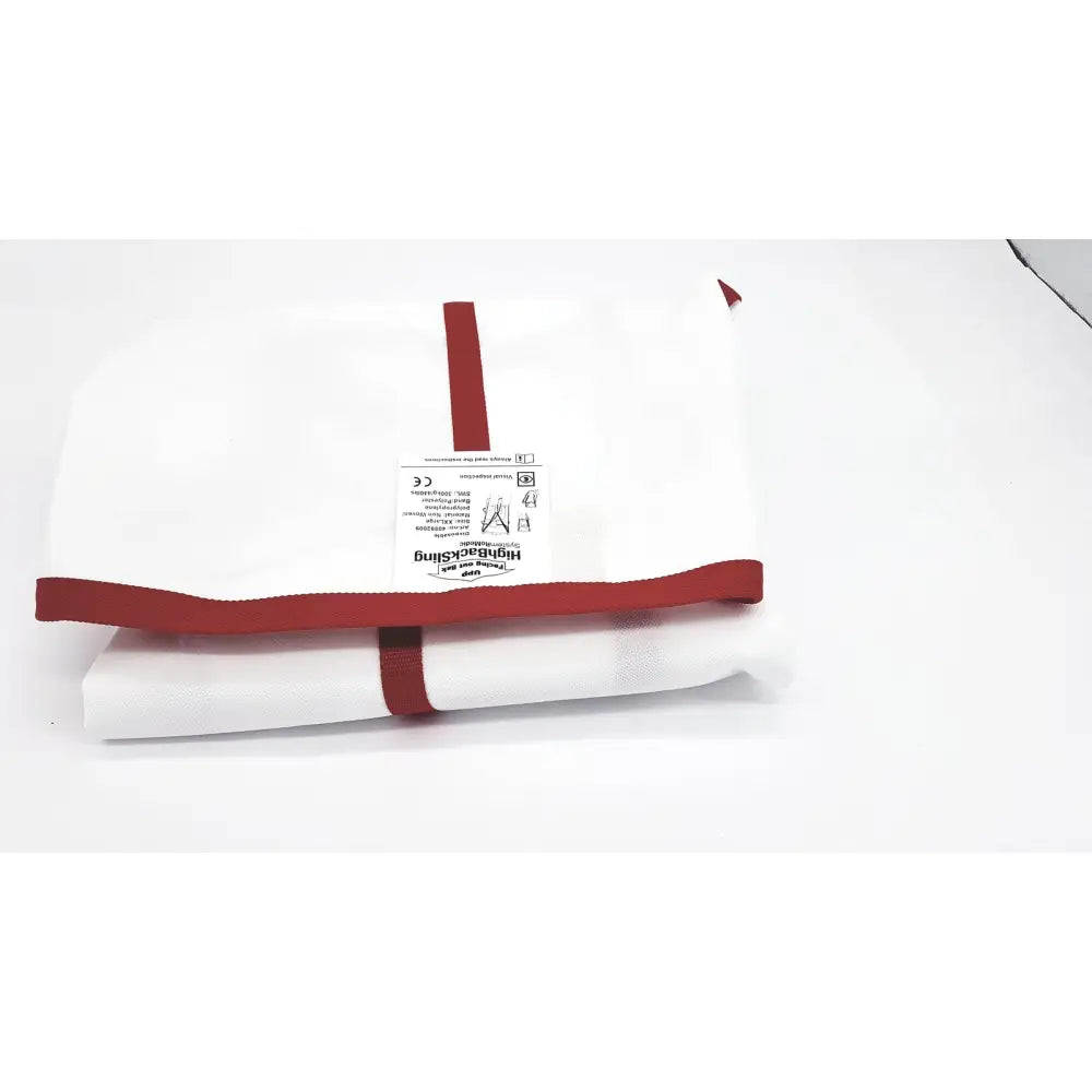 White and red fabric blanket showing back side with highbacking label for system romedic high lifting slings