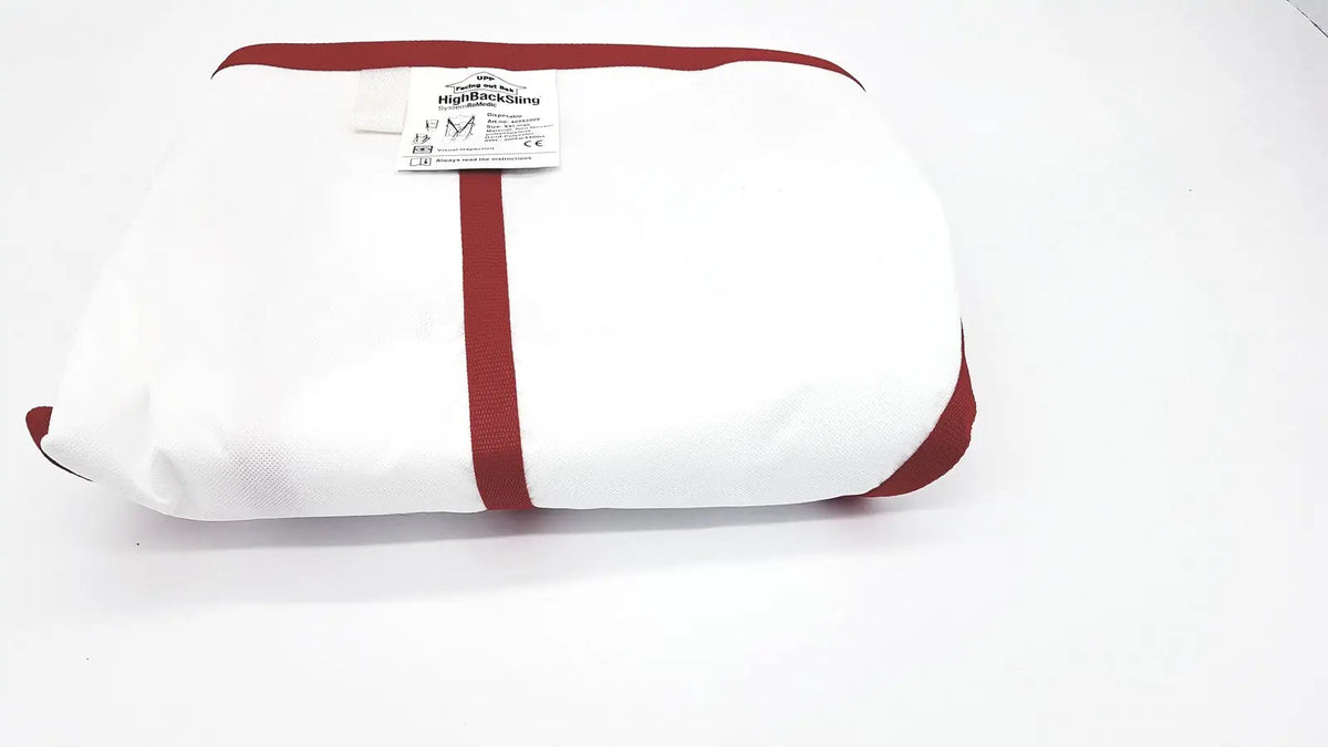 White and red romedic high back sling backpack with padded contoured design for reuse medical lifting slings use
