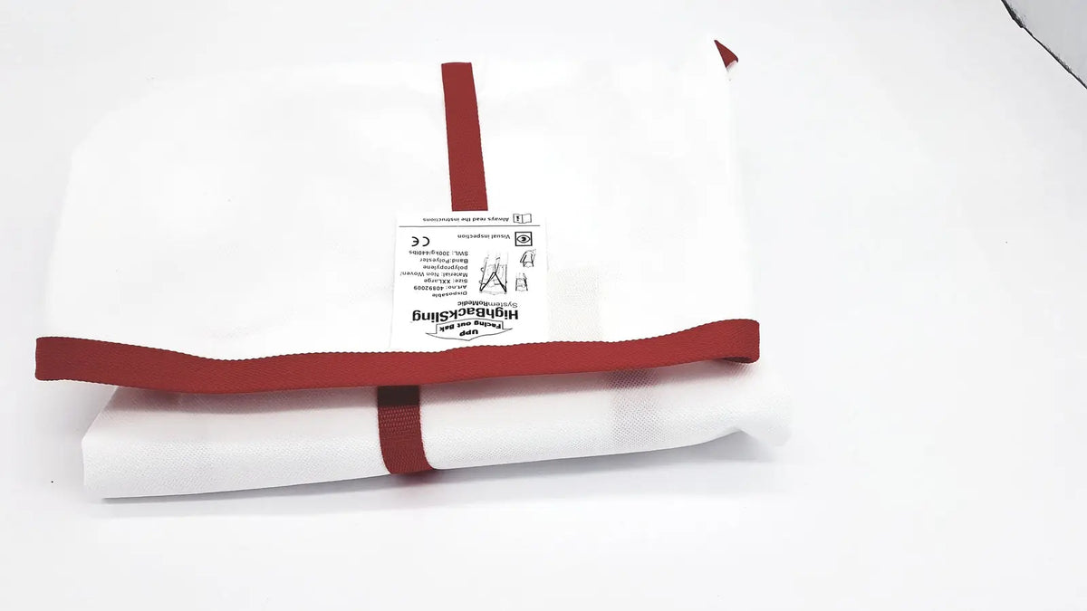 White and red fabric blanket showing back side with highbacking label for system romedic high lifting slings