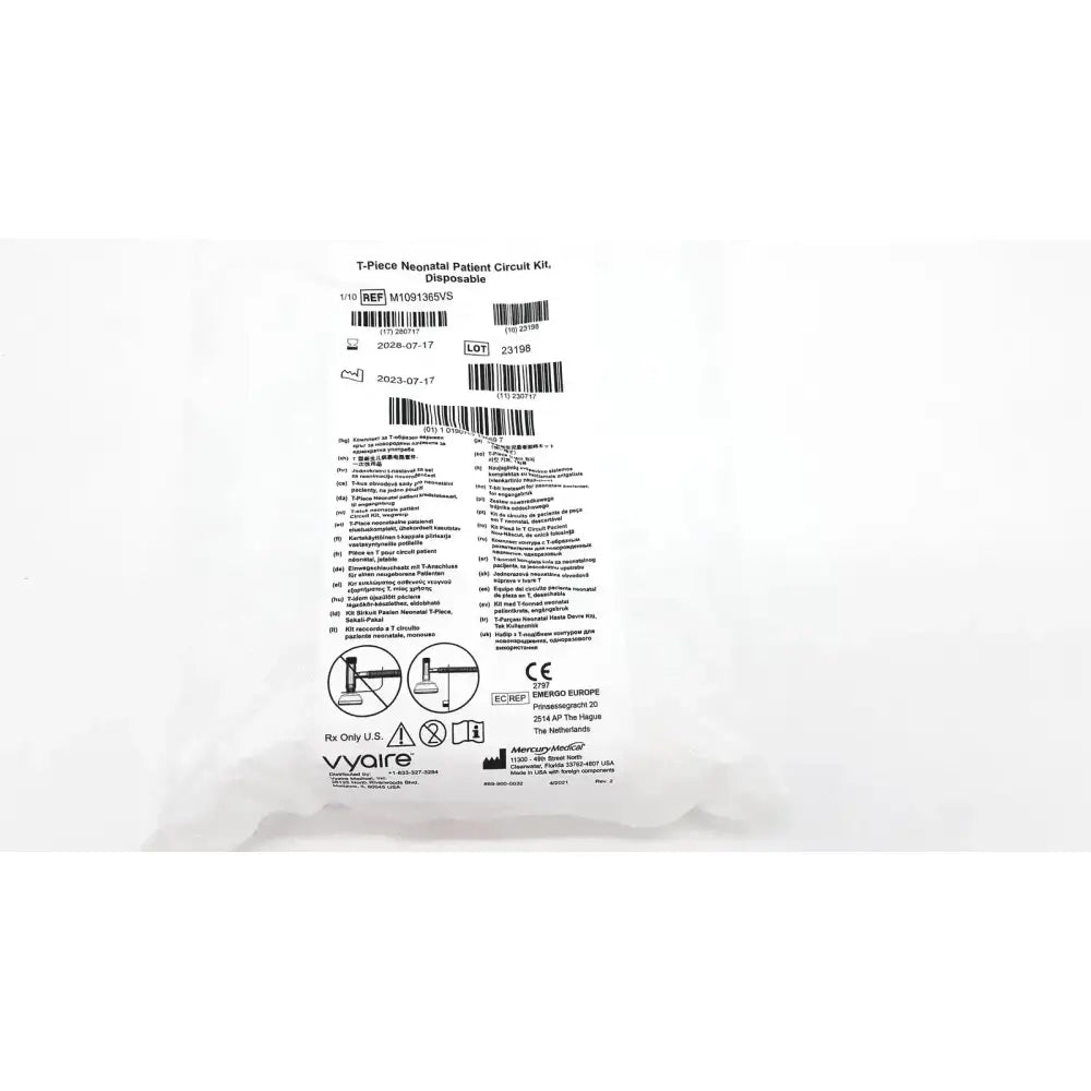 Vyaire Medical T-Piece Neonatal Patient Circut Kit, Disposable Size 1 Mask M1091365VS Patient Circuit Kit, new product photo 1