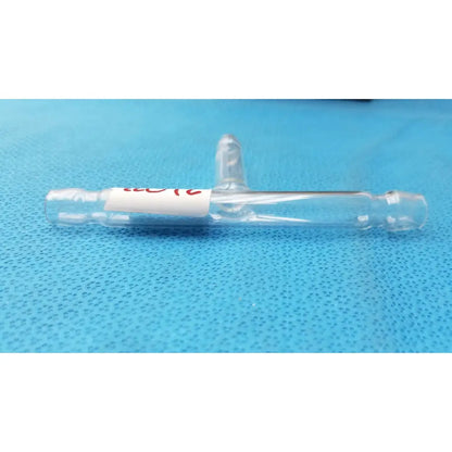 Clear glass vial with white label and red text featuring sealed ends and cap in t-shaped hose connector tube 71mm labware