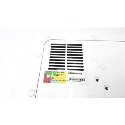 Underside of white plastic tangent medical panel pc model c22 with black ventilation grille and colorful windows sticker