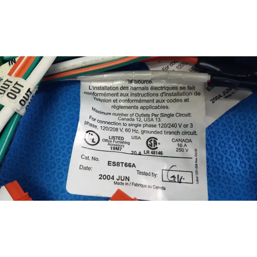 Teknion ES8T66A 8-Wire Circuit Power Harness Office Cubicle Wiring Wiring Harness, second-hand product photo 6