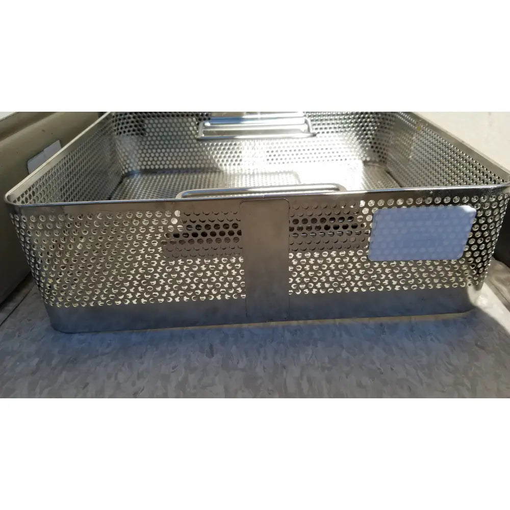 Stainless steel mesh surgical instrument basket with perforated sides and handles for case genesis sterilization container