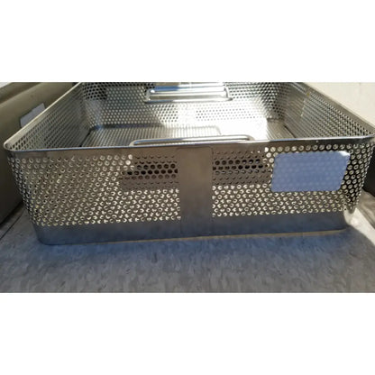 Stainless steel mesh surgical instrument basket with perforated sides and handles for case genesis sterilization container