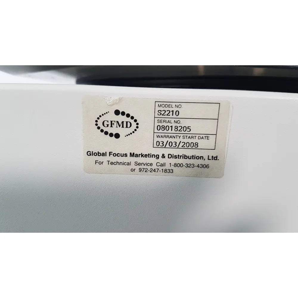 White rectangular label with model s2210 serial 08018205 from global focus marketing for silent solution silencer centrifuge system