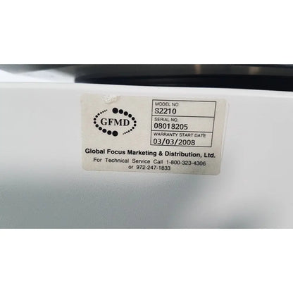 White rectangular label with model s2210 serial 08018205 from global focus marketing for silent solution silencer centrifuge system