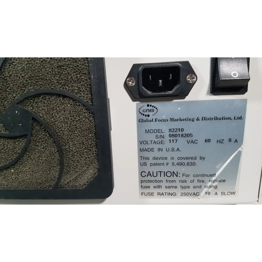 Black power inlet and switch on the back of the silent solution silencer 2210 centrifuge system appliance