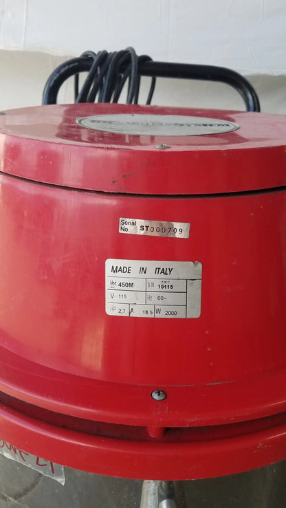 Red industrial electric motor with made in italy label mounted on black handle for the surtec system 450m wet dry drum vacuum