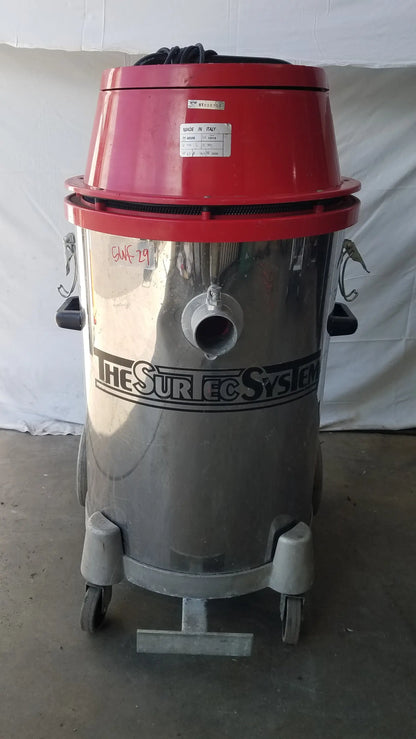 Red and silver The Surtec System 450M wet dry drum vacuum cleaner with industrial heavy duty wet dry use features