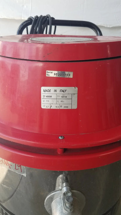 The Surtec System 450M industrial heavy duty red wet dry drum vacuum cleaner with metallic base and black hose