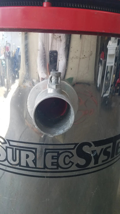 The Surtec System 450M silver cylindrical wet dry drum vacuum cleaner with red top and black surec system branding