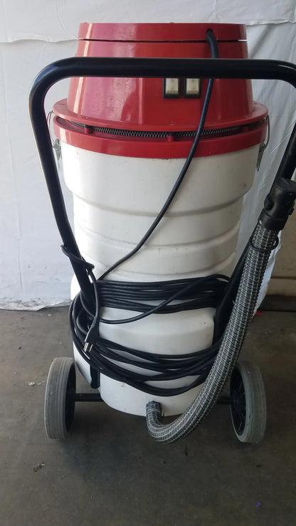 The surtec system c72f1 red and white wet dry vacuum cleaner with black handle hose and wheels for industrial use