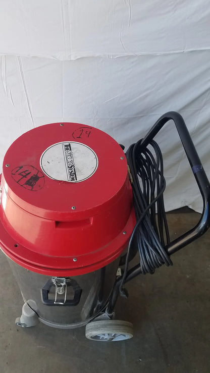 The surtec system f46f red and gray industrial wet dry drum vacuum with black handle and coiled hose
