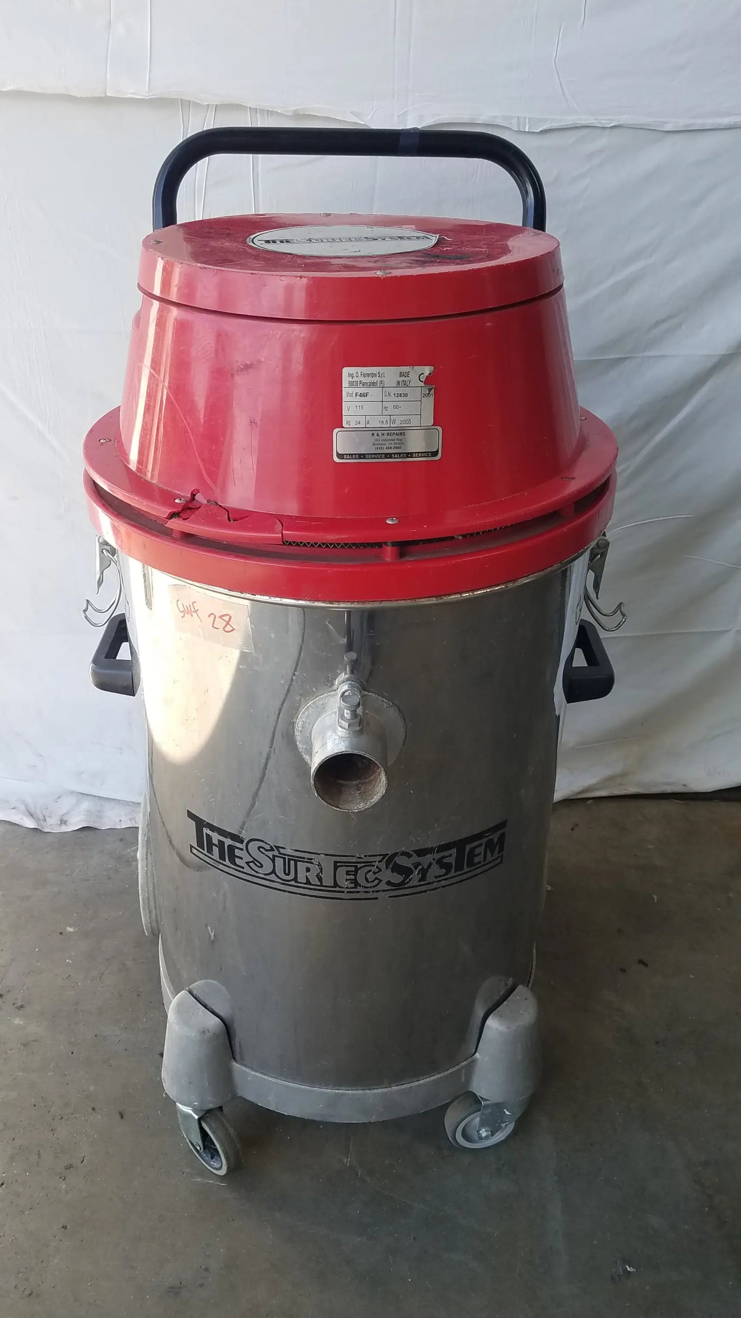 Red and silver the surtec system f46f industrial heavy duty wet dry drum vacuum cleaner with black handle and wheels