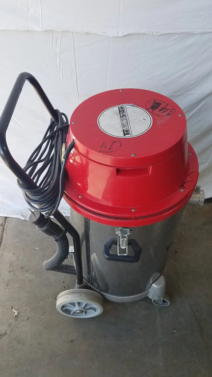 The surtec system f46f red and gray wet dry drum vacuum cleaner with black handle coiled hose and wheels for industrial use